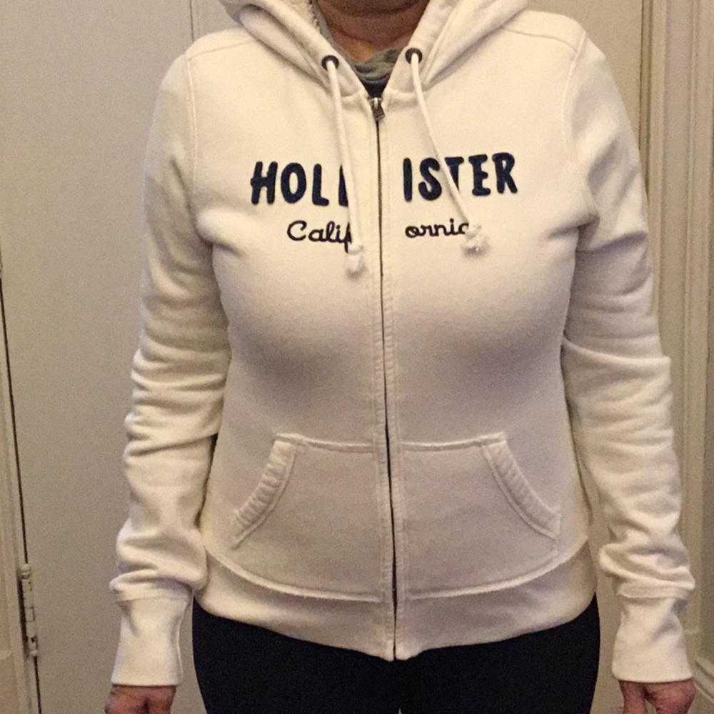 Hollister white sherpa lined logo zip up hoody